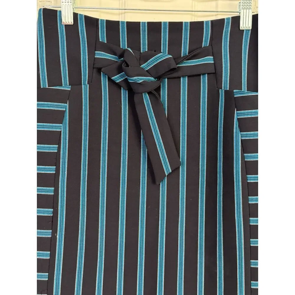Karen Millen Stripe Skirt Women's 8 BlueMulti Cotton Stretch Pockets Tie NWT